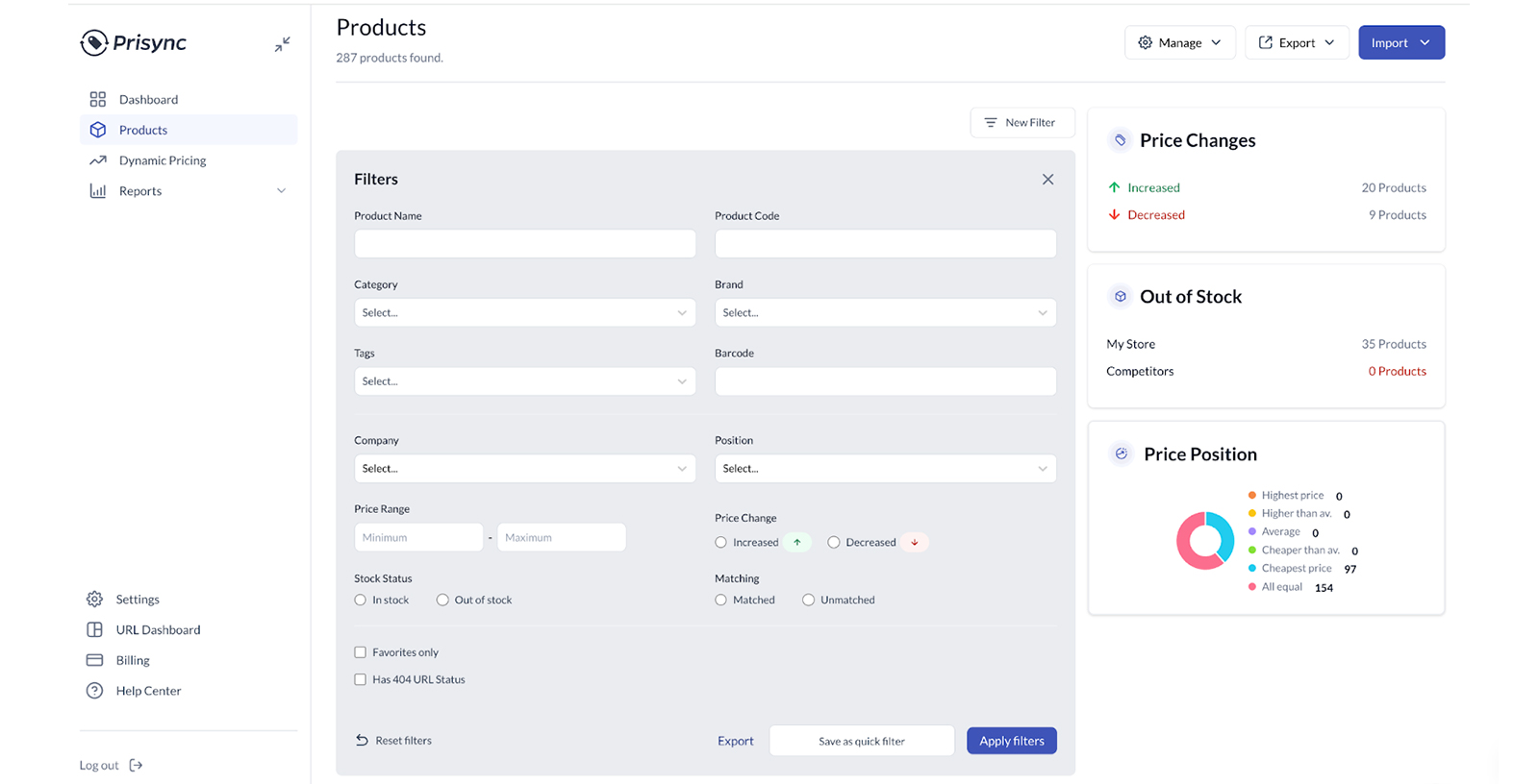 advanced filtering prisync dashboard