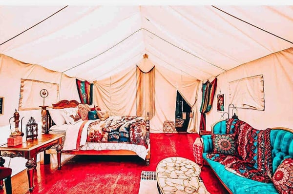 valley village Arabian themed glamping tent view of the inside, very colorful 