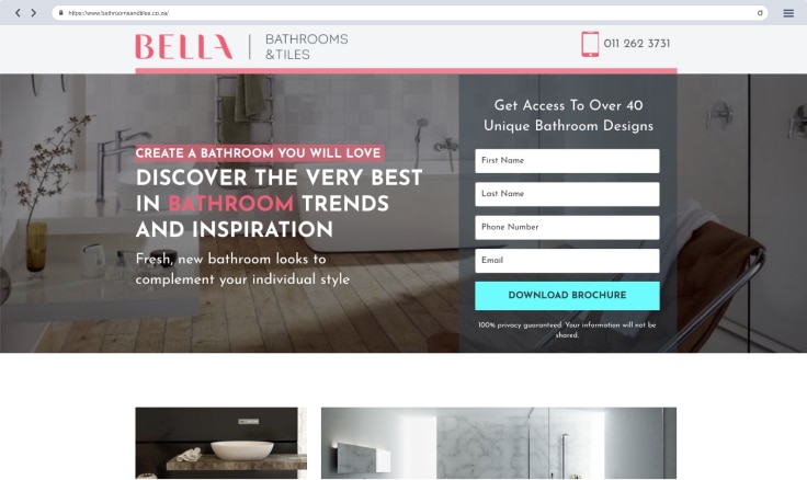 Website of Bella bathrooms and tiles