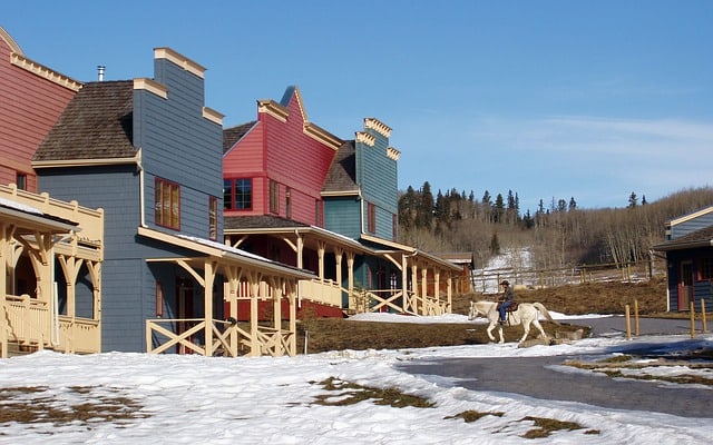 View of old western buildings and cowboy near Calgary