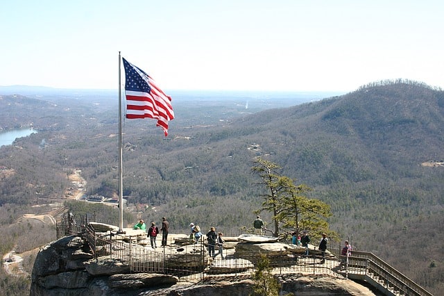 Chimney Rock view of the rock with people on it