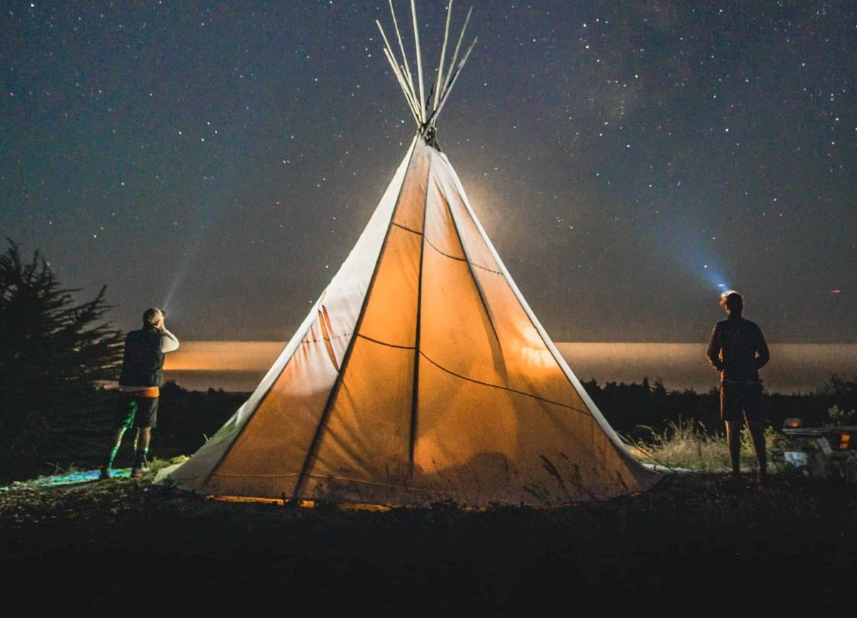 Glamping Tipi at night with 2 people and stars