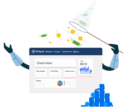 Prisync dashboard with robotic hands is holding strainer to capture all the money by tracking competitor prices.