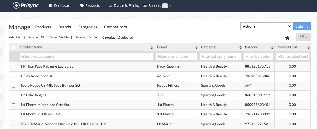 Prisync dashboard - manage products