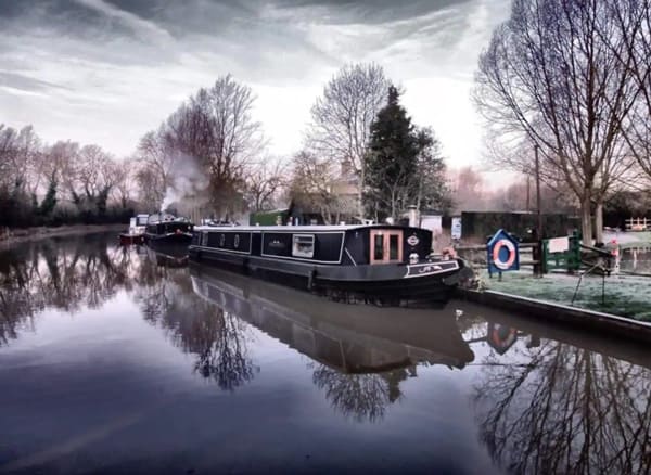 Modern Widebeam Narrowboat in Essex view of the canal and the boat moored with trees in the backgorund
