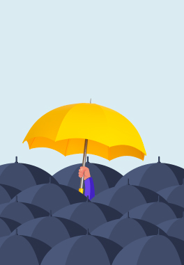 A person holding up a yellow umbrella higher than other black umbrellas