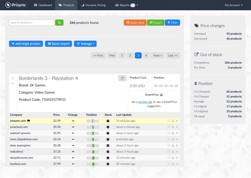 Prisync's product dashboard