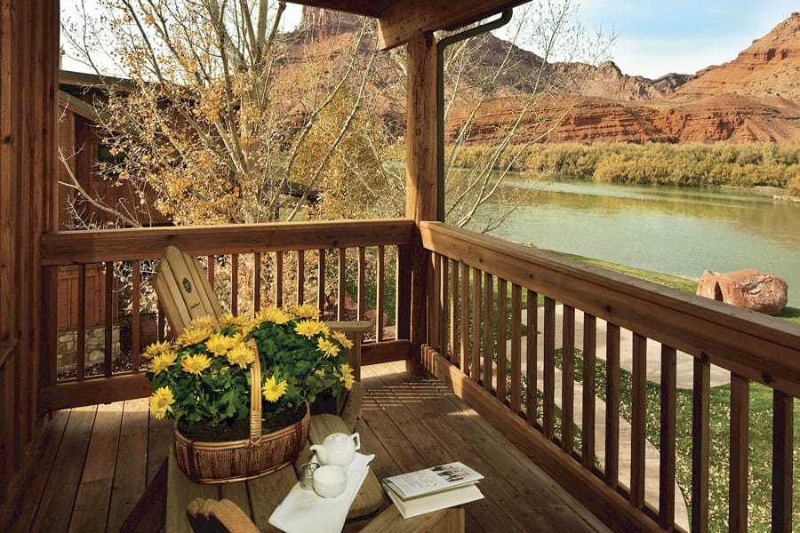 Sorrel River Ranch Resort and Spa glamping in moab view from the cabin porch out to the river
