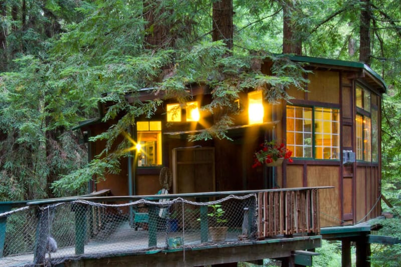 redwood treehouse glamping in bay area view of the treehouse with lights on and the bridge to the treehouse