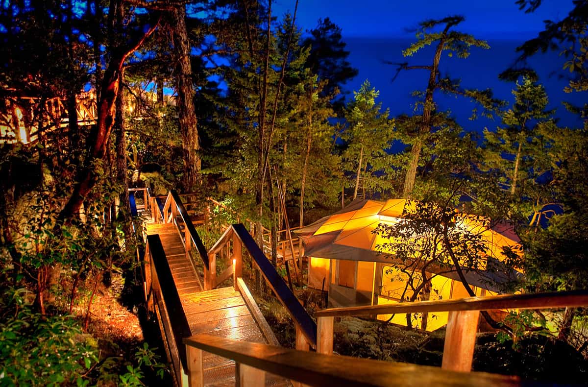 Glamping tents in the woods on an island