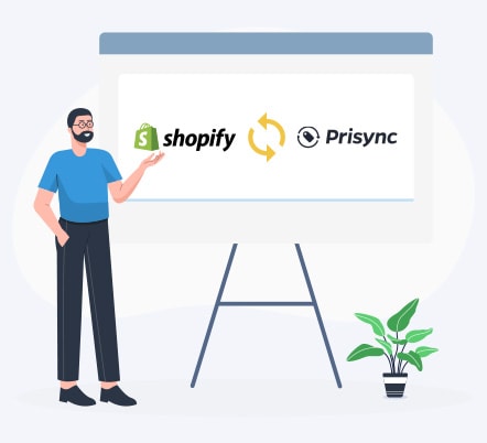 A man points a presentation screen that shows Prisync and Shopify sync