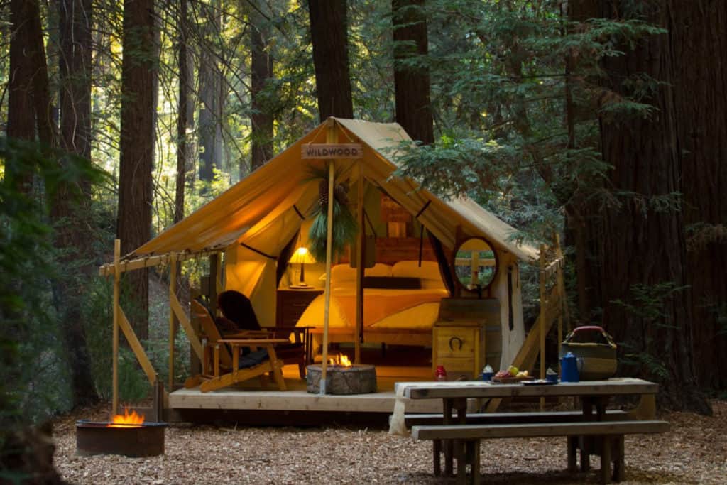 Ventana Big Sur Glamping Resort canvas tent with bed, fire and picnic table