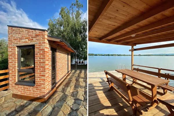 Tinyhouse on the Danube River Glamping Romania view of the tiny brick house and image o a picnic table on a covered deck on the river edge