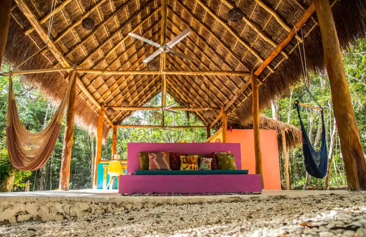 Open air loung on beach in Tulum Glamping