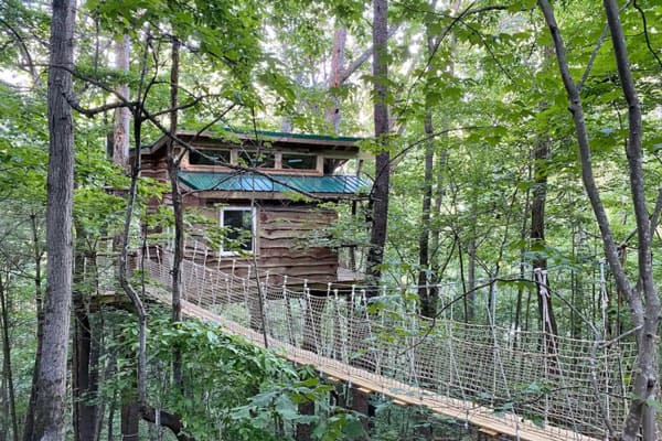 West Asheville Treehouse rental view from hanging bridge with treehouse in the trees