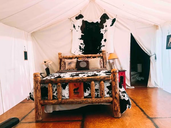 valley village wild west themed glamping tent, view of the inside with western decor