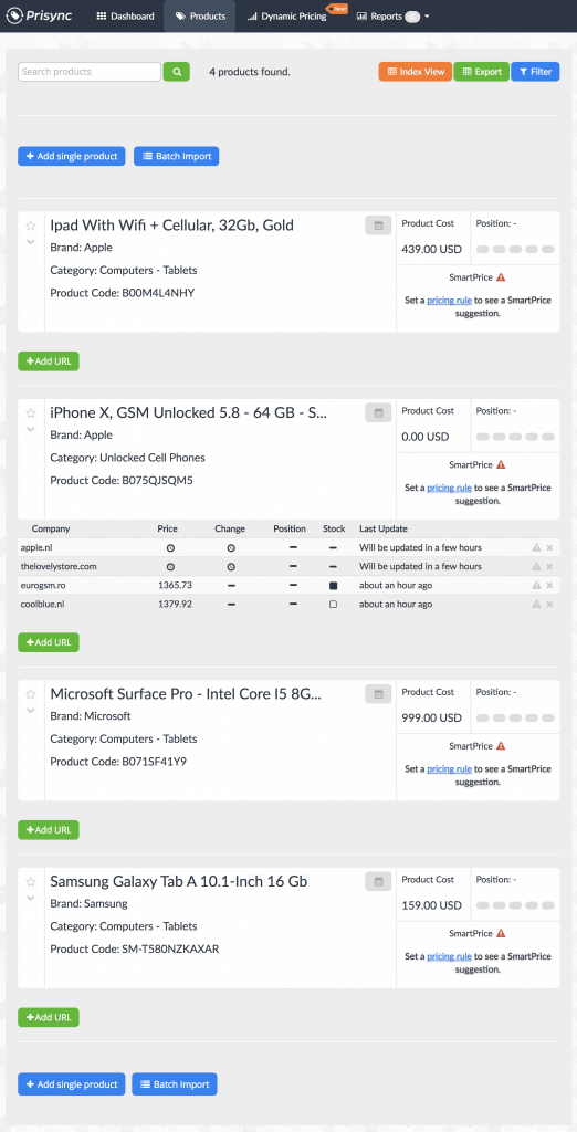 Prisync Dashboard 