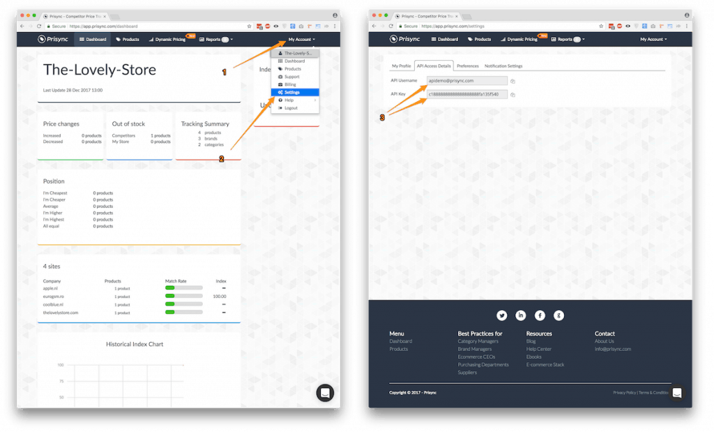 Prisync API Key and API Token